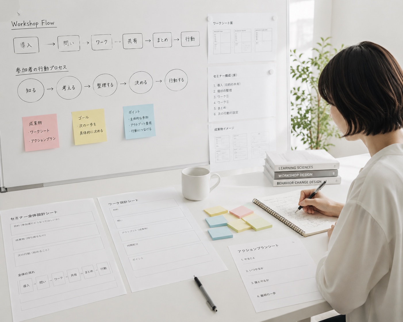 ホワイトボードとワークシートを使って行動設計型セミナーを設計している様子