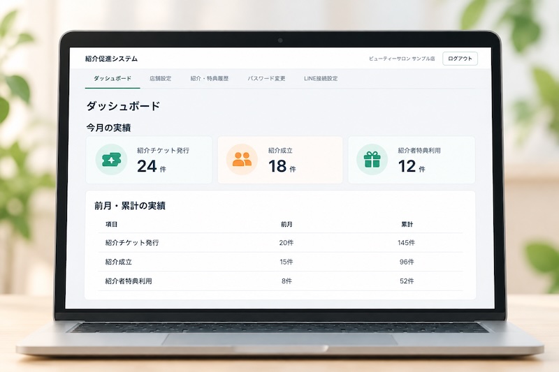 紹介実績を表示する店舗管理画面