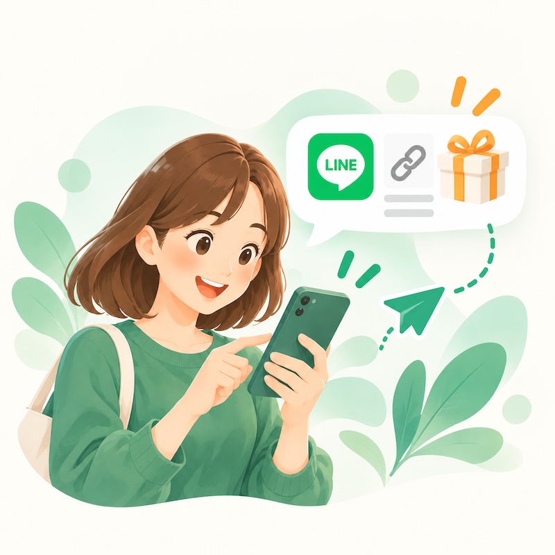 スマートフォンからLINEで友人に紹介URLを送る女性