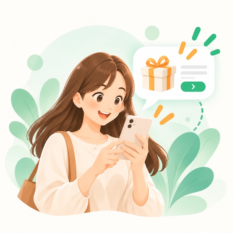 LINEで紹介を受け取り、特典を確認する女性