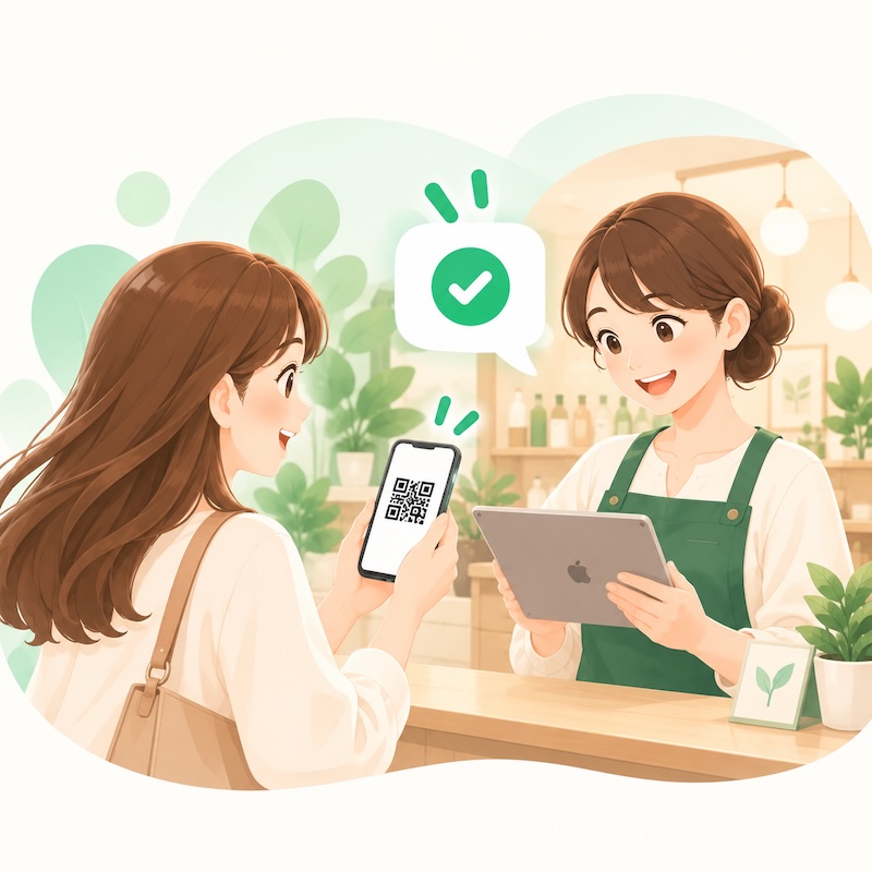 店舗スタッフがお客様のQRコードを確認して承認する様子