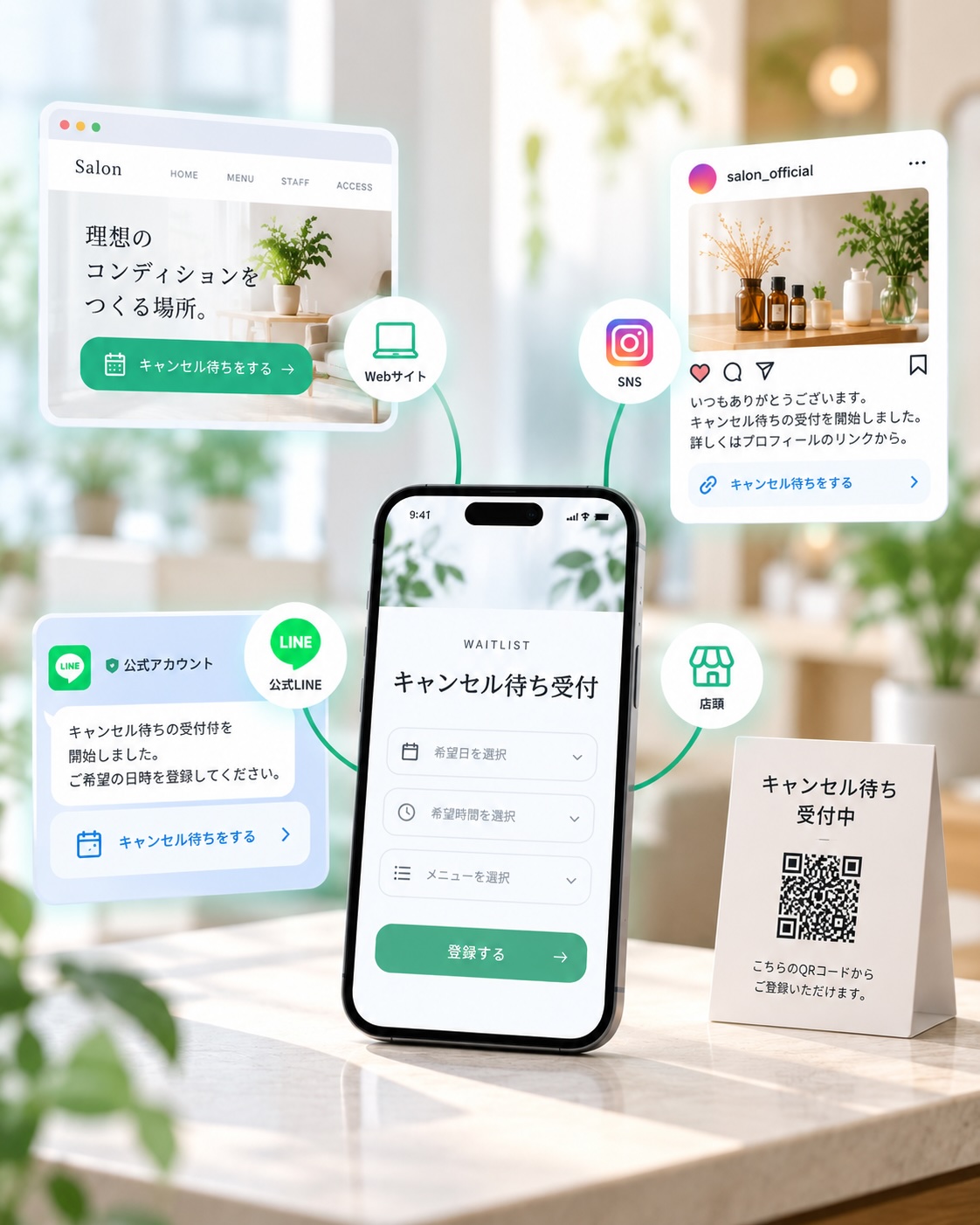 Webサイト、公式LINE、SNS、店頭QRなど、さまざまな場所からキャンセル待ちを受け付けられるイメージ