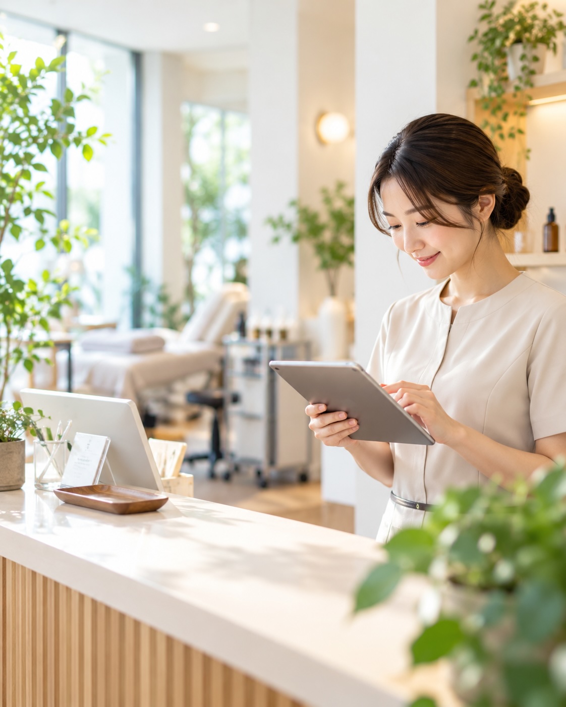 予約制サービスの受付でタブレットを確認するスタッフ